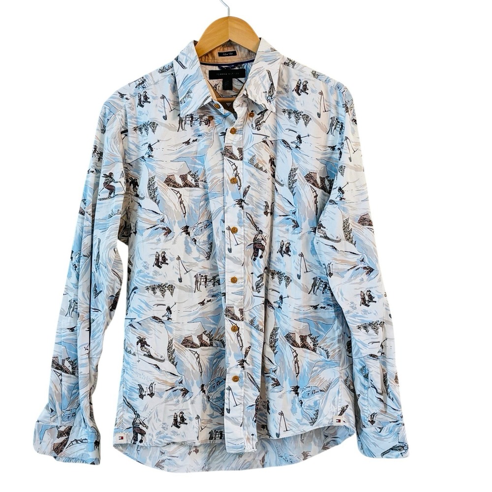 Tommy Hilfiger Mens Novelty Ski Print Button Up Top Size L Cabin Ski Slim Fit‎